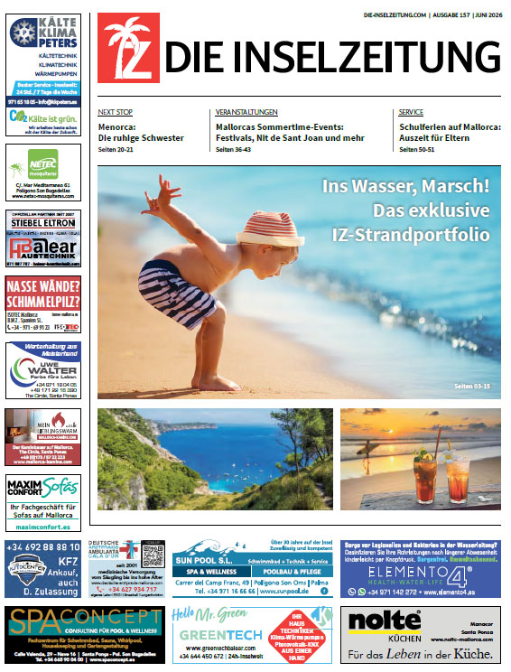 Front page of Die Inselzeitung with a child playing on the beach as the main image and several smaller seaside photos below the fold, with the masthead at the top.